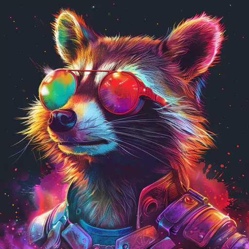 Avatar of a raccoon wearing reflective sunglasses and a futuristic outfit, set against a colorful, cosmic background.
