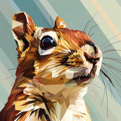 Geometric illustration of a squirrel, featuring angular shapes and warm color tones. The background consists of diagonal lines in muted colors.