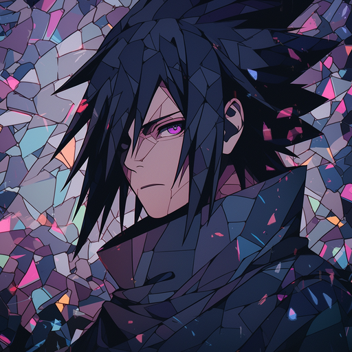 Sasuke Uchiha in a glass mosaic effect with anime style, wearing armor.