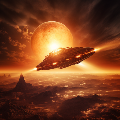 Spaceship soaring towards the blazing sun.