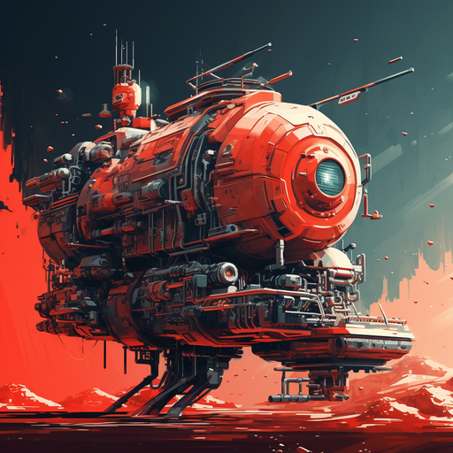 Bold red spaceship illustration.