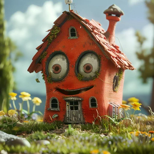 Creative whimsical house avatar with a friendly face surrounded by nature.