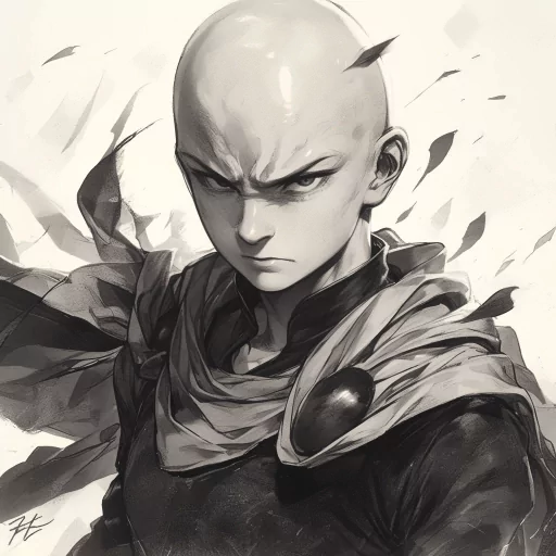 Saitama profile picture from One Punch Man in monochrome with dynamic pose and leaves swirling around