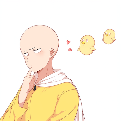 Saitama with a playful expression, against a colorful background.