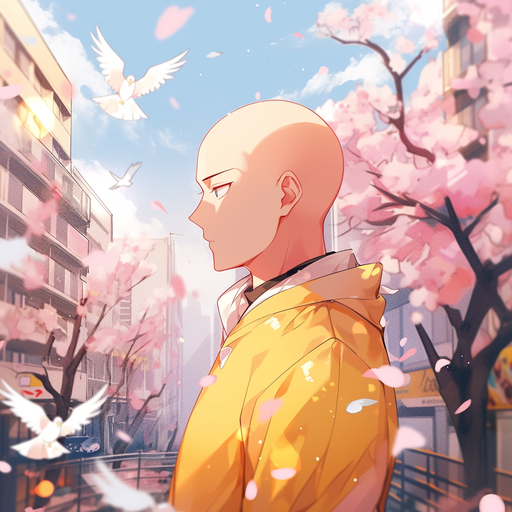 Saitama wearing an aesthetic outfit with a vibrant background.