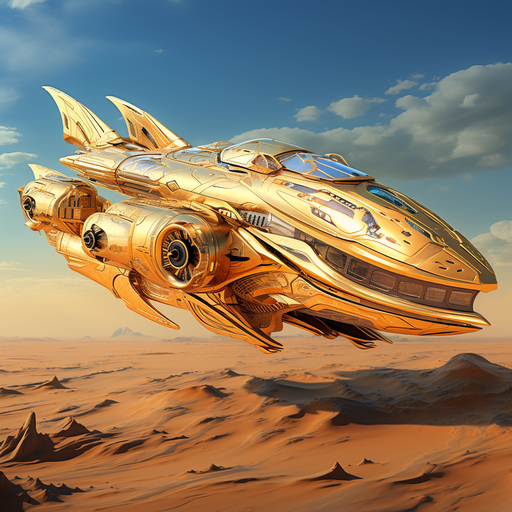 Golden spaceship floating in space.