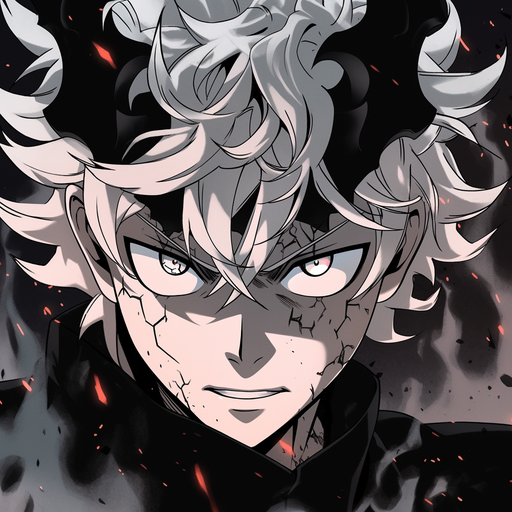 Monochrome profile picture of Asta, a demon from Black Clover anime, wearing a Niji headband.