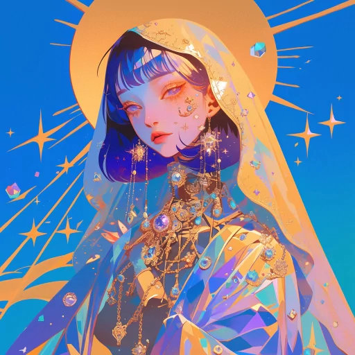 Illustrated queen avatar showcasing a stylized female figure adorned with a golden halo and lavish jewelry against a celestial-inspired backdrop.