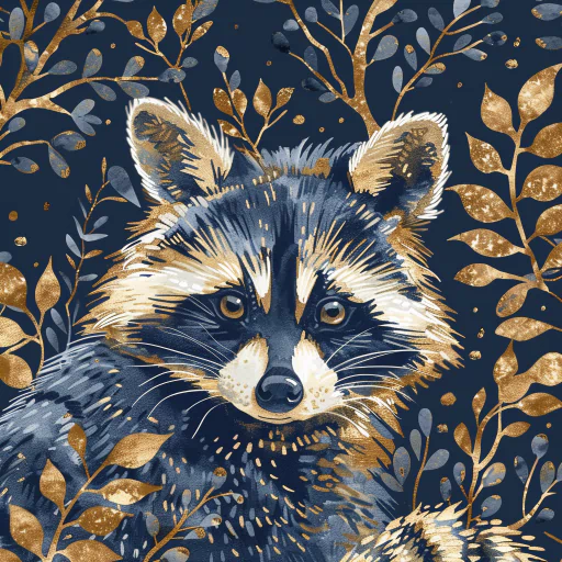 Illustration of a raccoon surrounded by golden and navy blue foliage. The raccoon has a detailed, realistic fur texture and is set against a dark background.
