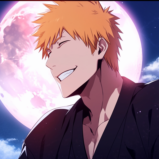 Ichigo smiling with moon background, showcasing his hair