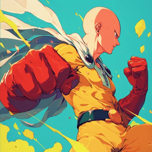 Dynamic Saitama avatar from One Punch Man with a powerful pose against a vibrant yellow and blue background, perfect for a profile photo.