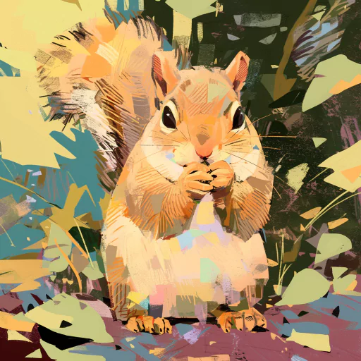 A digital painting of a cute squirrel nibbling on something, set against an abstract background with vibrant colors.