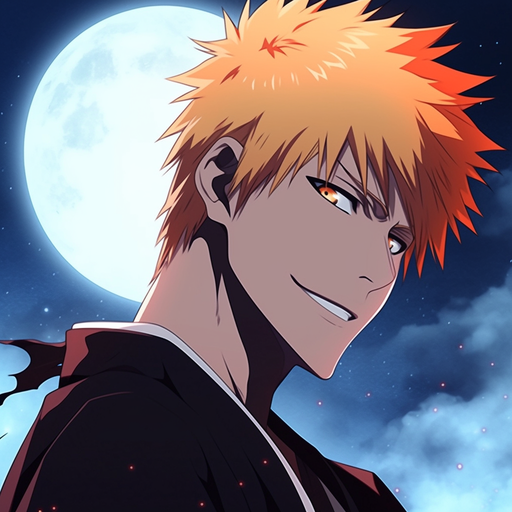 Ichigo from Bleach anime with a smile, against a moon background, showcasing his unique hairstyle.