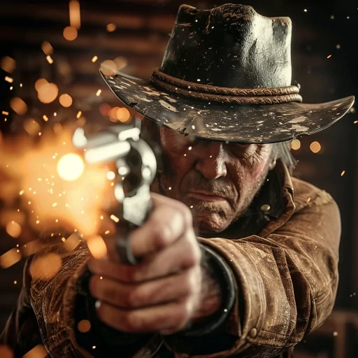 Close-up of an intense cowboy avatar with a hat, aiming a gun with sparks flying, suitable for a profile photo or avatar.