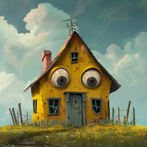 Creative house avatar with eyes and whimsical features set in a sunny field.