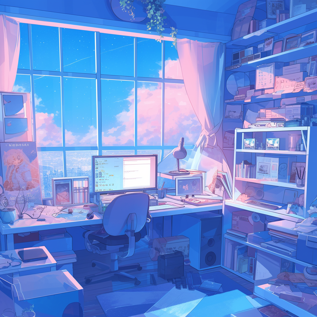 Aesthetic anime-style avatar depicting a cozy, sunlit room with a computer setup, books, and decor, ideal for a profile photo or PFP.