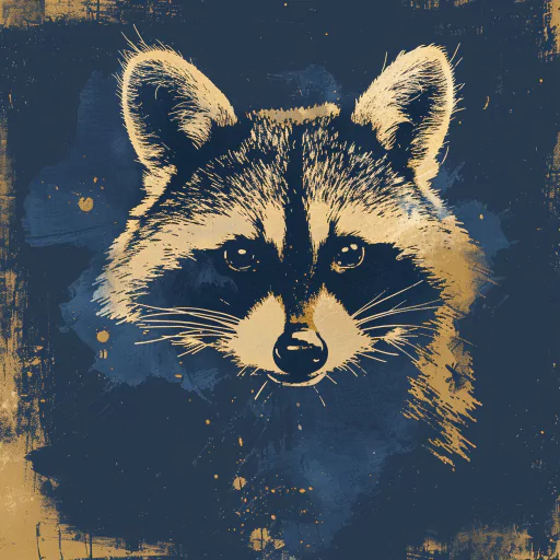Illustration of a raccoon's face with detailed fur texture and intense eyes, set against a grunge-style navy blue and beige background.