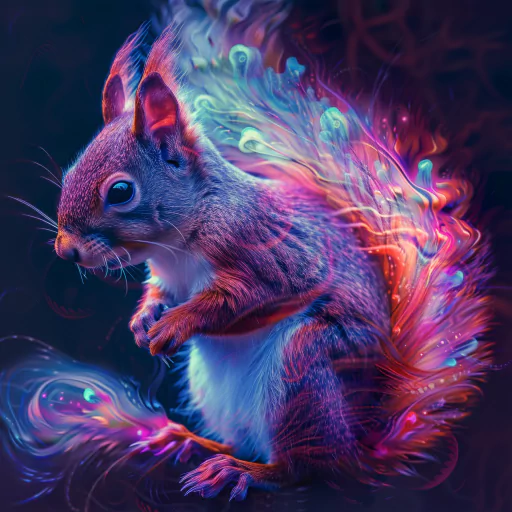 A digital illustration of a squirrel with a colorful, glowing, and ethereal tail. The background is dark, enhancing the neon-like glow of the tail.