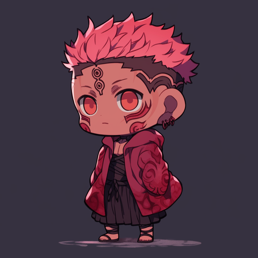 Sukuna, a chibi character from Jujutsu Kaisen anime, in a playful style.