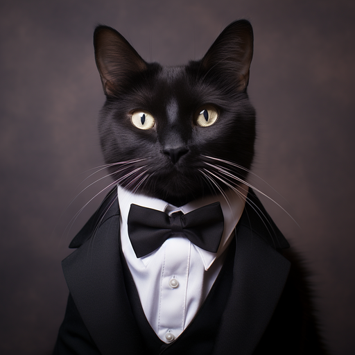 Dapper black cat wearing a tuxedo, looking cute.