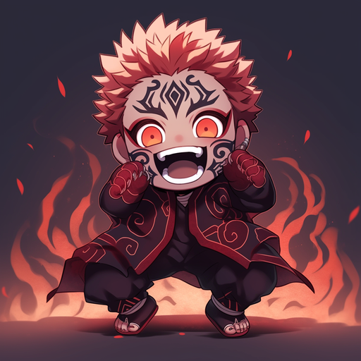 Sukuna, a chibi character from Jujutsu Kaisen anime, in a colorful art style.