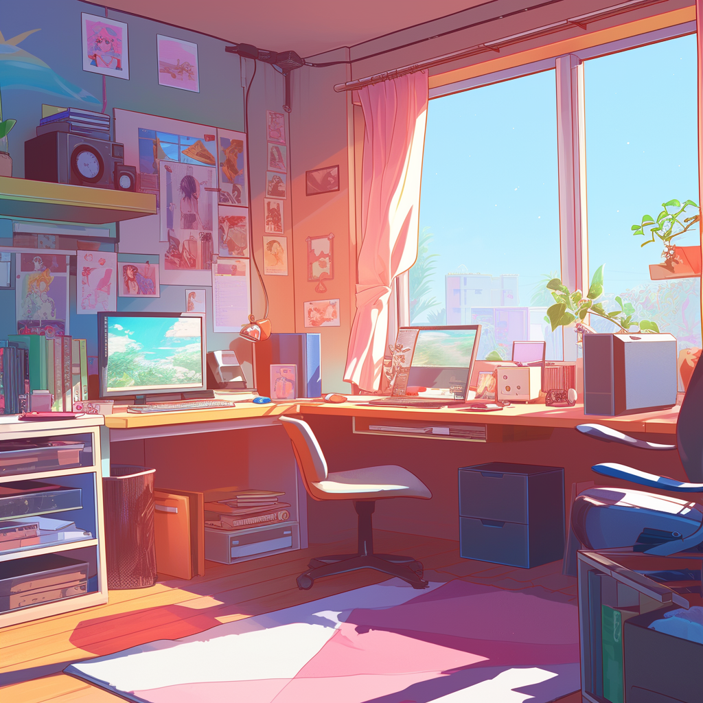 Aesthetic anime-style profile picture featuring a vibrant and cozy artist's workspace with sunlight streaming through a window.