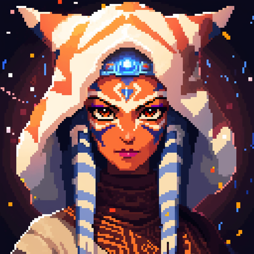 A pixel art portrait of Ahsoka Tano, a character from the Star Wars universe.