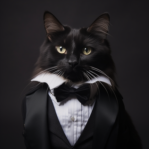 Dapper black cat in a tuxedo with a cute pose.