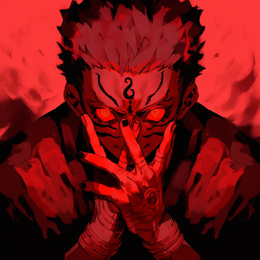 Red monochrome profile picture of Sukuna, from the Jujutsu Kaisen anime.