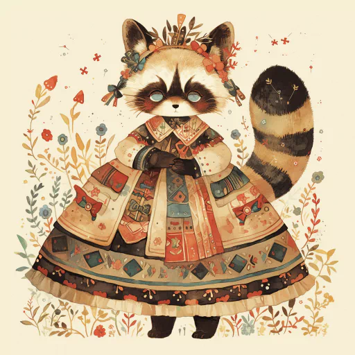 Avatar of an anthropomorphic raccoon wearing a colorful dress with detailed patterns and floral motifs. The raccoon stands with arms crossed, surrounded by whimsical flowers on a light background.
