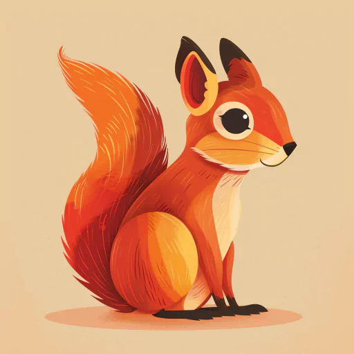 A cute, colorful illustration of a squirrel with a bushy tail, large eyes, and pointed ears on a plain background.
