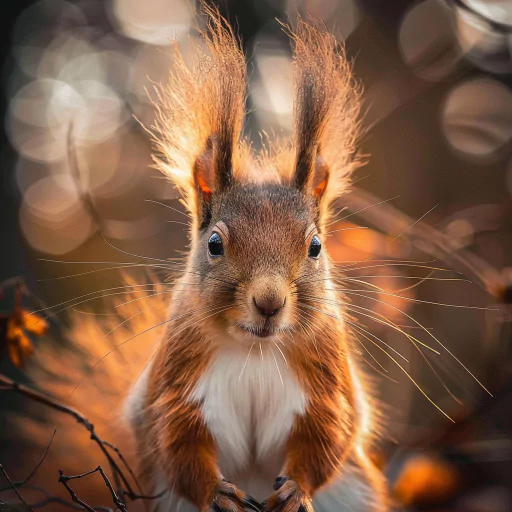 Close-up of a squirrel with fluffy ears and bright eyes against a blurred nature background.