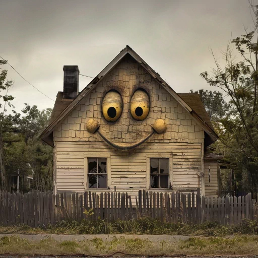 Quirky cartoon-face house avatar with a smiling expression, depicted on an old rustic wooden home with weathered siding and a picket fence, suitable for a playful profile photo.