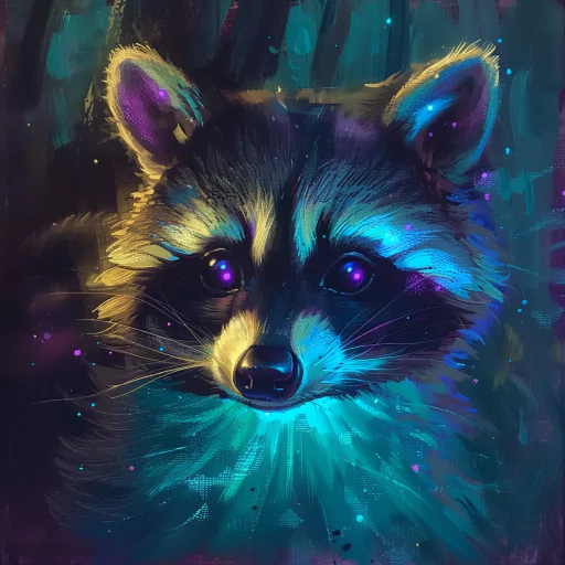A digital artwork of a raccoon's face highlighted with vibrant blue and purple hues.
