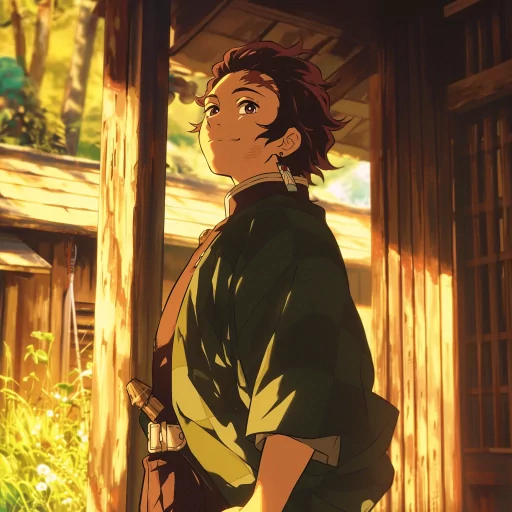 Avatar image of an animated character with a green and black checkered kimono, standing thoughtfully in a sunlit traditional wooden house.