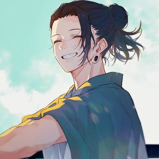Stylized avatar of a character with a joyful expression, dark hair tied in a ponytail, wearing earrings and a casual shirt, with a soft blue sky backdrop.