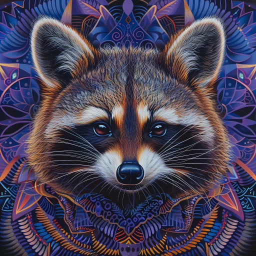 A raccoon with a vibrant, intricate, and colorful background, featuring geometric patterns in shades of blue, purple, and orange.