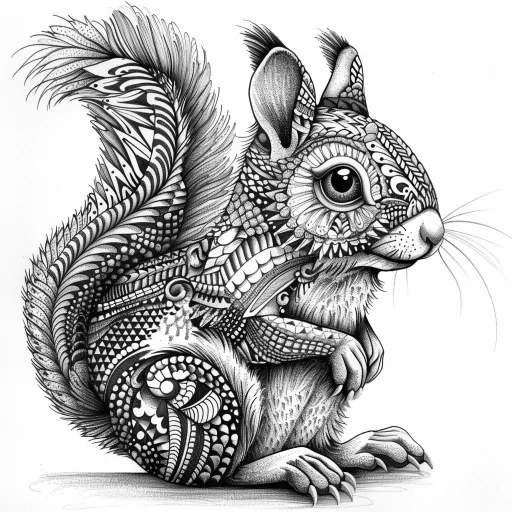 Ornate black and white illustration of a squirrel with detailed patterns and designs on its fur.