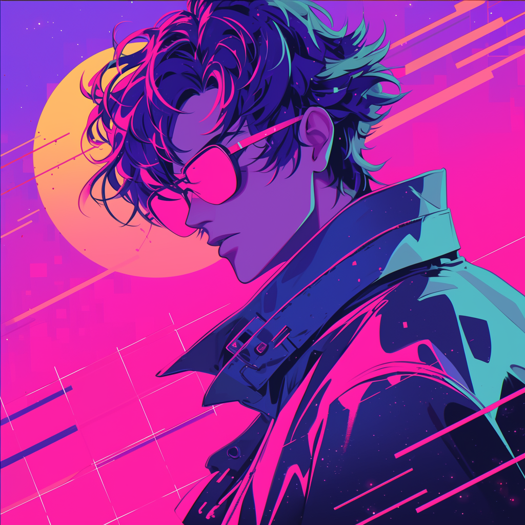 Stylish retrowave avatar featuring a profile of a person with sunglasses against a vibrant pink and blue neon grid background, evoking 80s nostalgia.