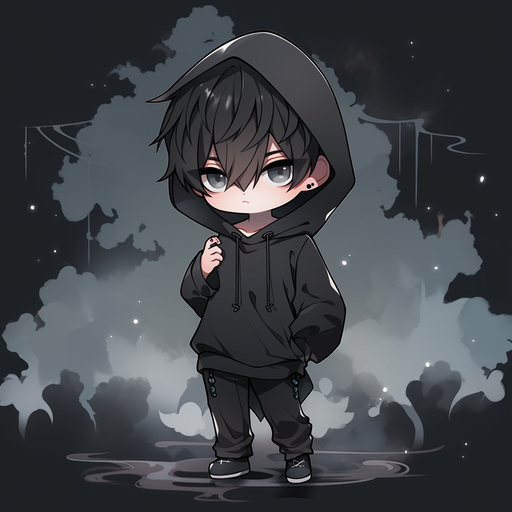 Chibi boy with dark hair and colorful outfit, created by AI.