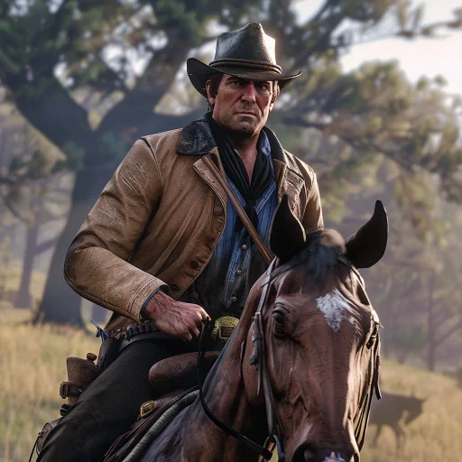 Profile picture of a rugged cowboy character on horseback in a wild western landscape, ideal for an Arthur Morgan-themed avatar.