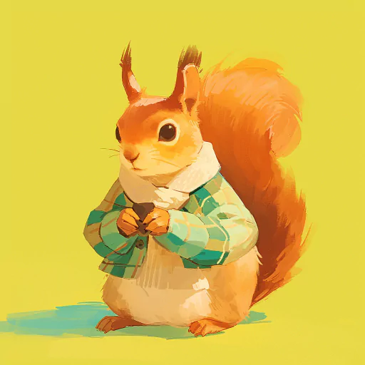 A cute illustrated squirrel wearing a green checked shirt and white scarf, holding an acorn against a yellow background.