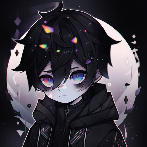 Chibi boy with dark hair standing against a rainbow background.