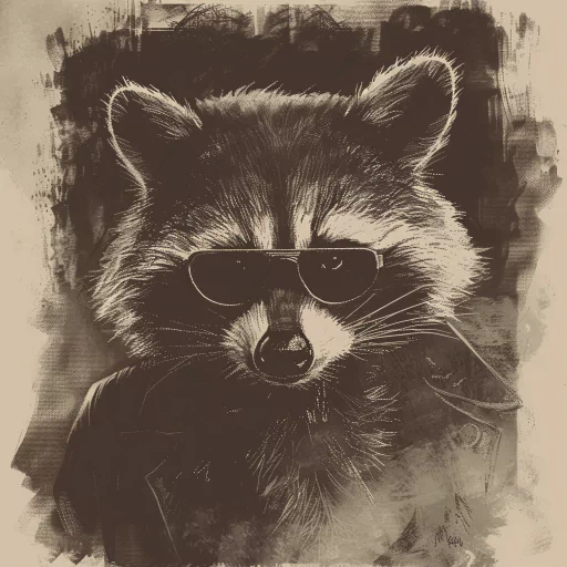 Avatar of a raccoon wearing sunglasses and a leather jacket, styled in a gritty, monochrome artistic manner.