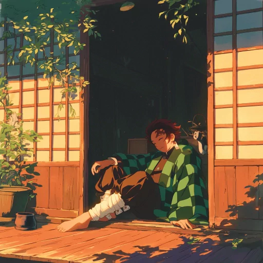 Tanjiro Kamado avatar, a character from Demon Slayer, sitting relaxed on a porch with sunlight filtering through the leaves.