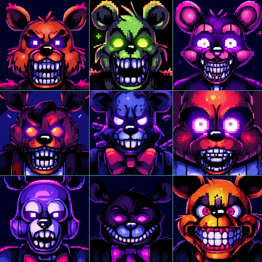 Colorful 8-bit artwork featuring characters from Five Nights at Freddy's.