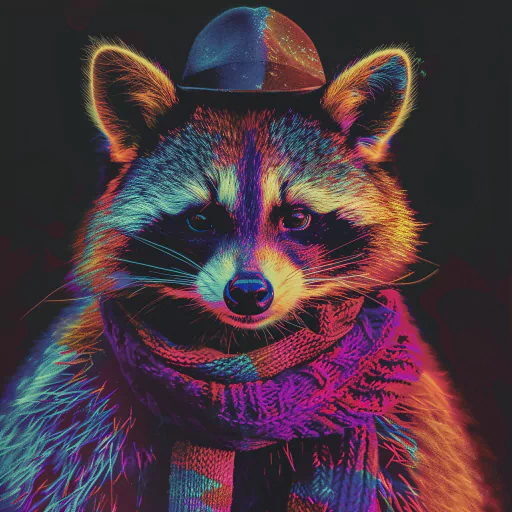 A vibrant, neon-colored raccoon wearing a hat and a scarf against a black background.