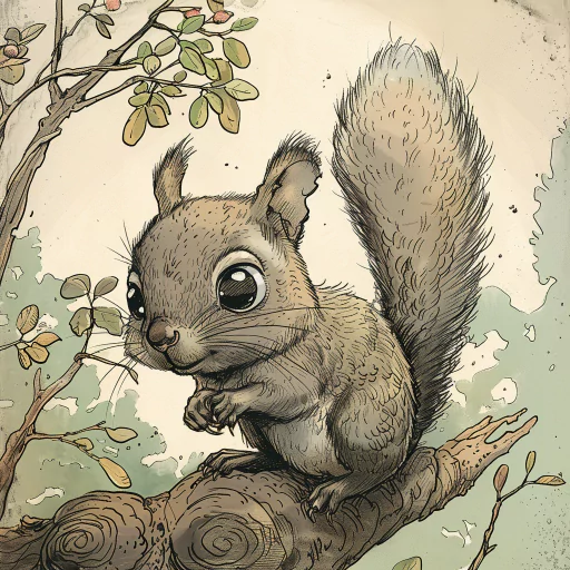 Illustrated avatar of a cute squirrel with big eyes and a fluffy tail, standing on a tree branch with leaves in the background.