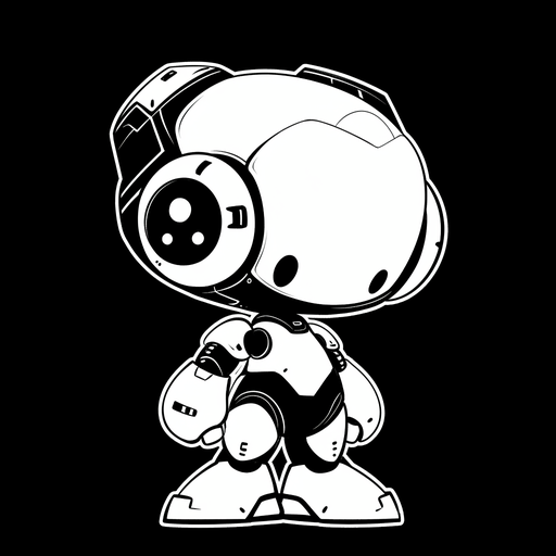 Black and white cute robot pfp on a black background.