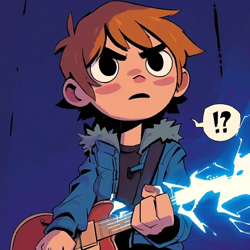Scott Pilgrim-inspired avatar illustration featuring a character with a guitar and a surprised expression.